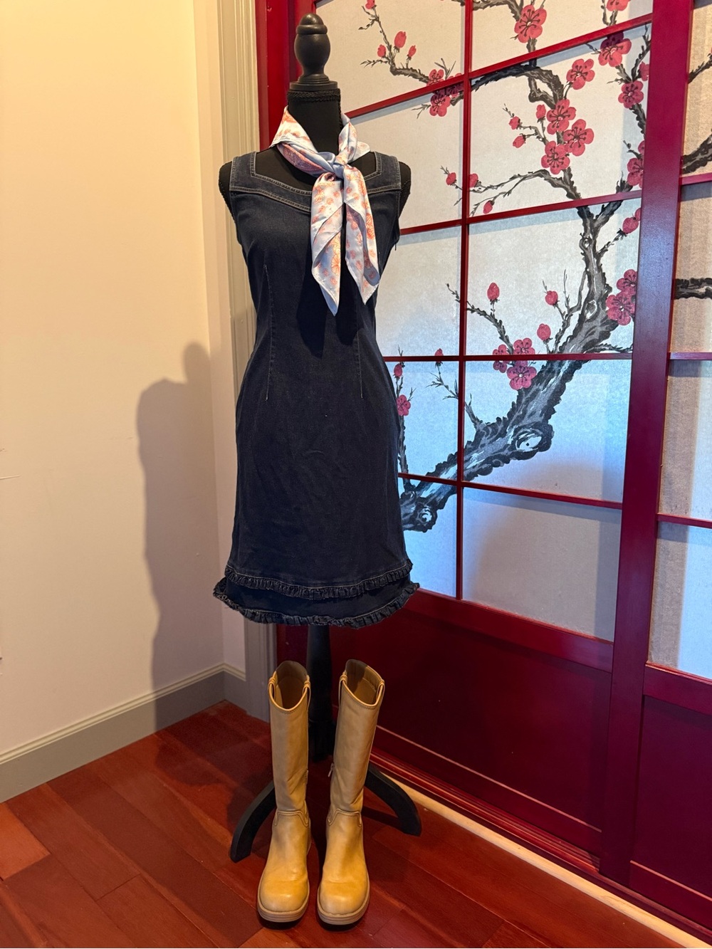 LOFT Dark Blue Denim Ruffle-Hem Cotton Dress